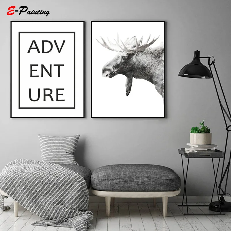 Modern Wall Art Moose Woodland Animals Prints Adventure Letter Poster Canvas Painting Nordic Style Living Room Home Decor | Дом и сад