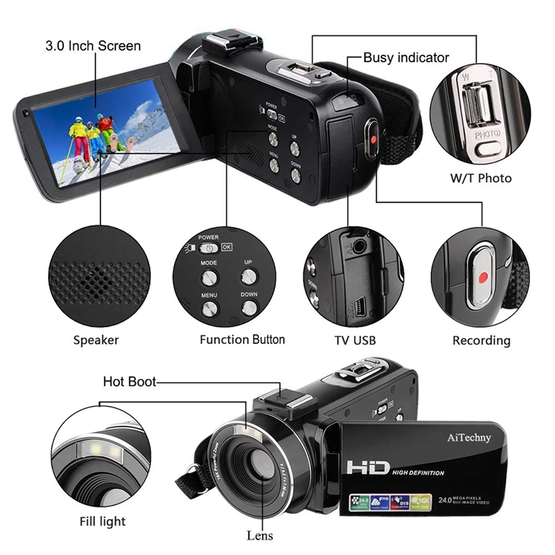 Видеокамера цифровая видеокамера Full Hd 1080P 24.0Mp 3 0 дюймов Lcd 270 градусов поворотный