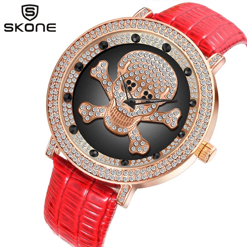 SKONE Роскошные кожаные женские часы красные новые стальные скелетные