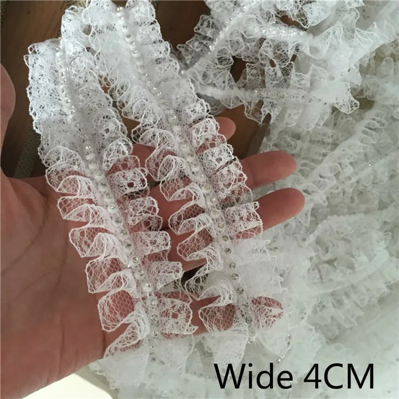 

4cm Wide White Black 3d Embroidered Beaded Ribbons Pleated Dress Collar Lace Applique Trim Edge For Sewing Wedding Fringe Decor