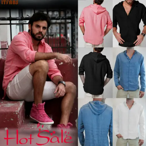 2019 fashion Spring men's casual hooded slim shirt V-neck long sleeved Solid Full Sleeve | Мужская одежда
