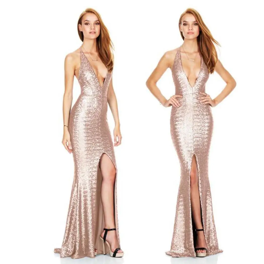 AL'OFA Women Long Deep V Evening Dress Front Split Open Back Formal Sequin Halter Party Dresses Occasions | Свадьбы и торжества