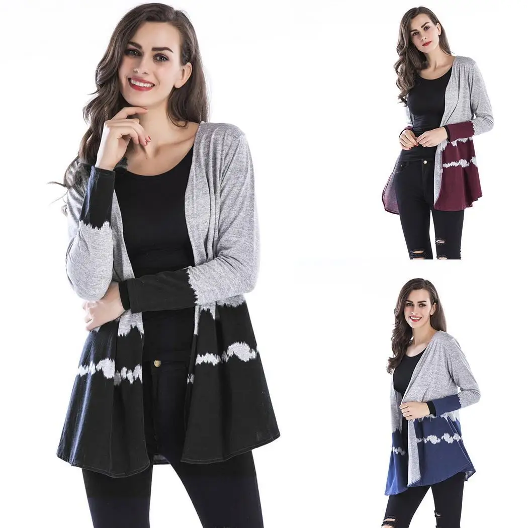 Women Casual Long Sleeve Top Gradient V-Neck Spring Autumn Wine Red Black Blue Color Patchwork Cardigan |
