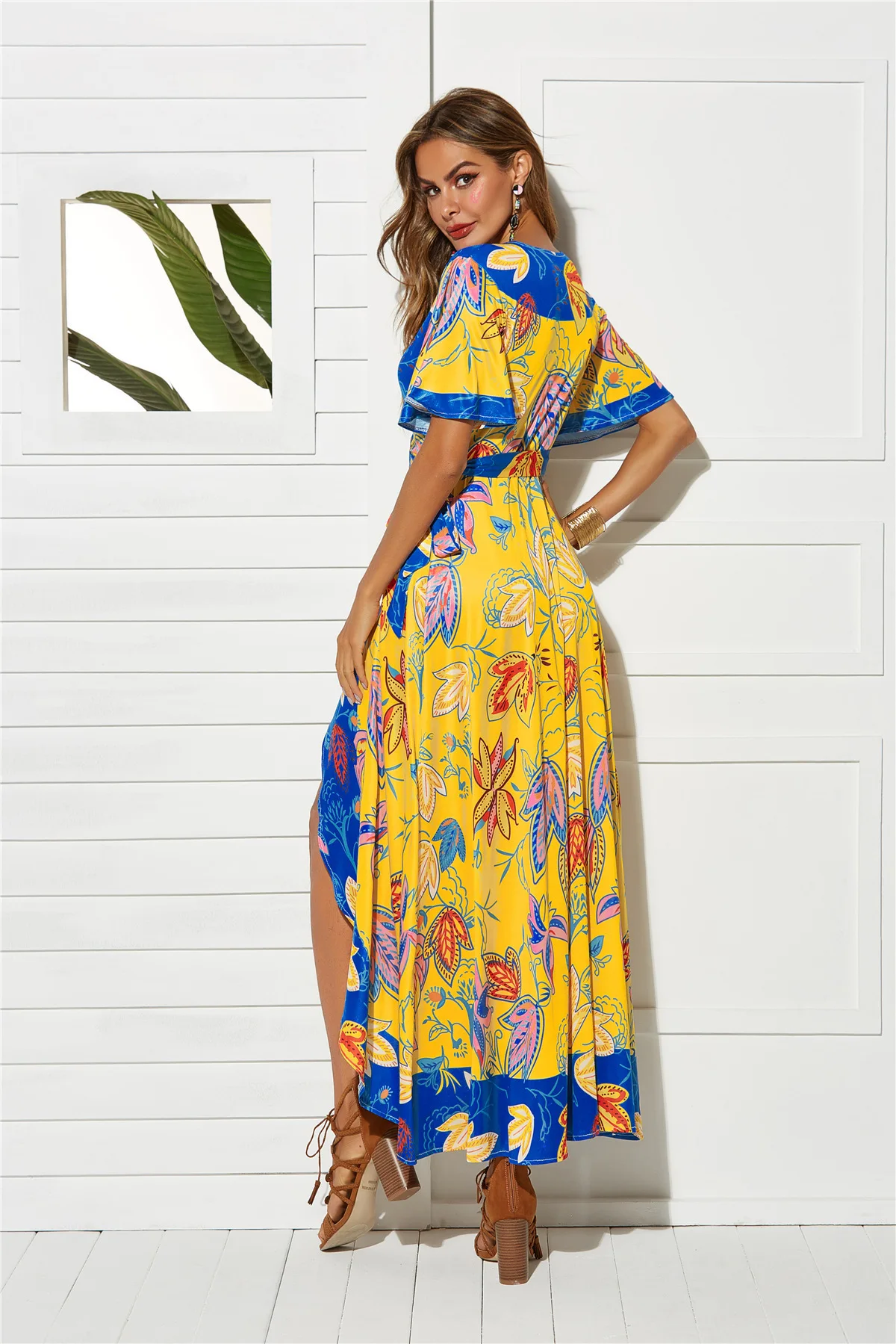 Summer Dress Short Sleeve Women Split Beach Sexy V-neck Flower Printed Bandage Long Vestido | Женская одежда