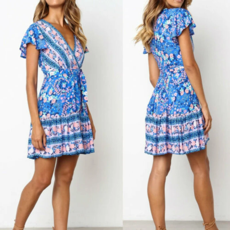 Женское платье с цветочным принтом Boho Пляжное коротким рукавом и треугольным