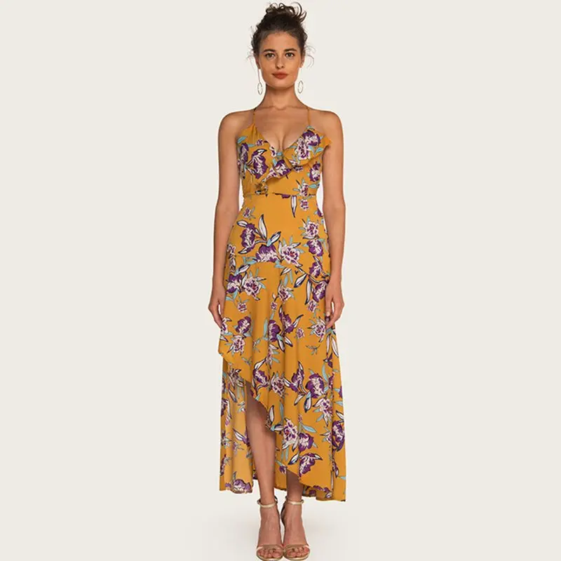 Boho Макси платье женское желтое шикарное модное уличное пляжное с рюшами и