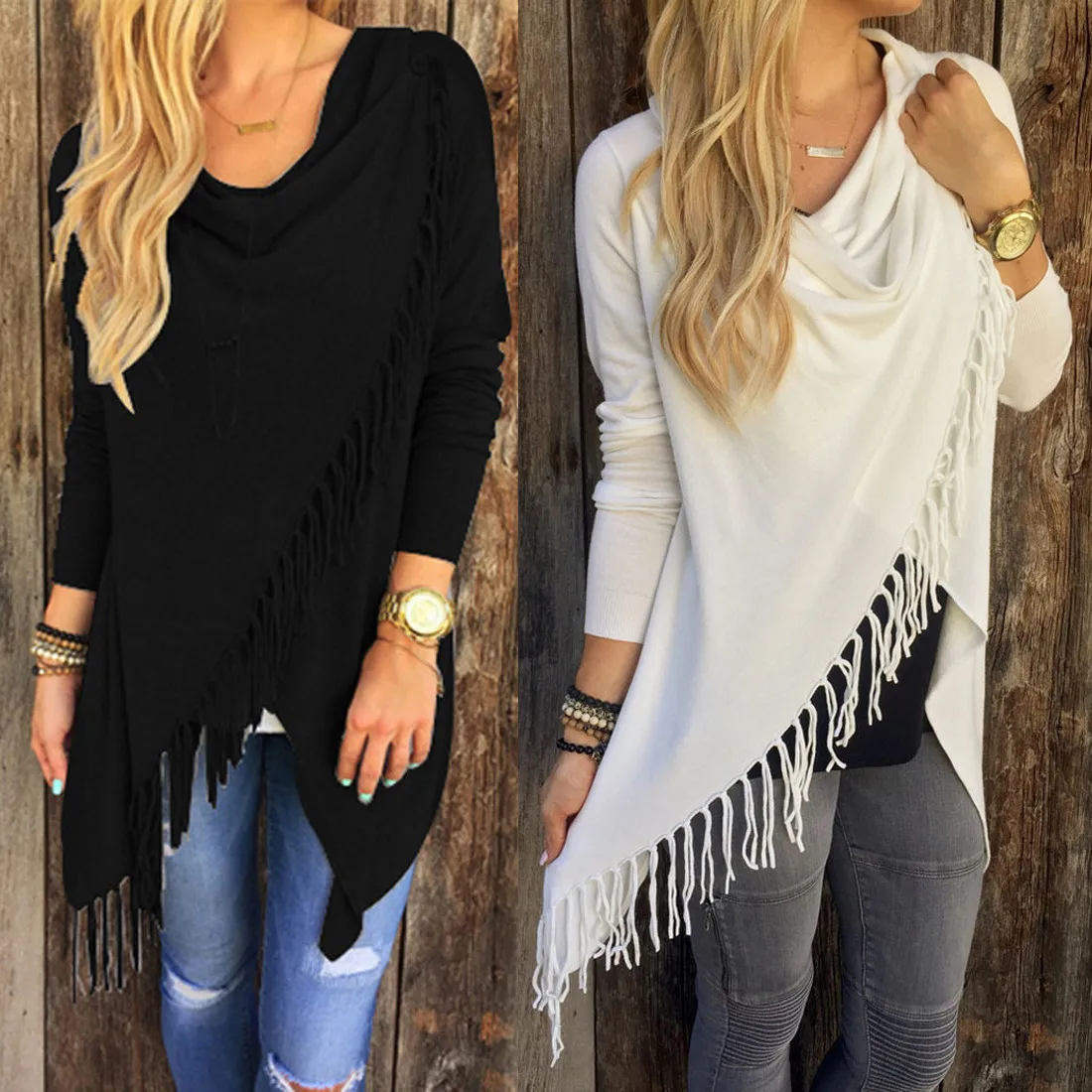 YJSFG HOUSE Spring Autumn Cardigans Tops Women Casual Loose Long Sleeve Irregular Hem Tassel Cardigan Cape Poncho Black Gray |