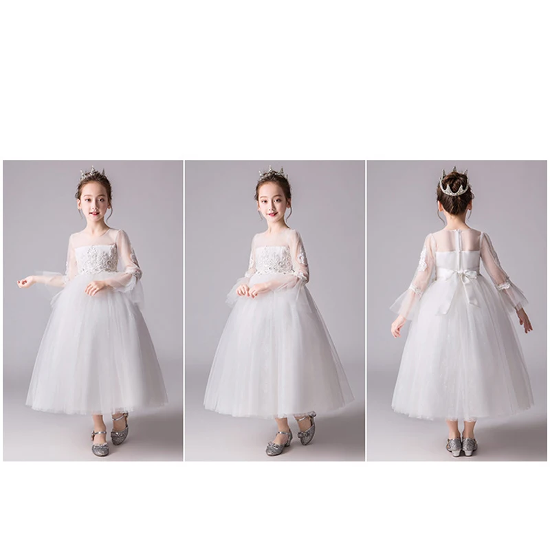 

winter autumn 6-16 yrs teenage girls graduation party gown christmas long-dress kids frocks white lace flower girls dresses 2019