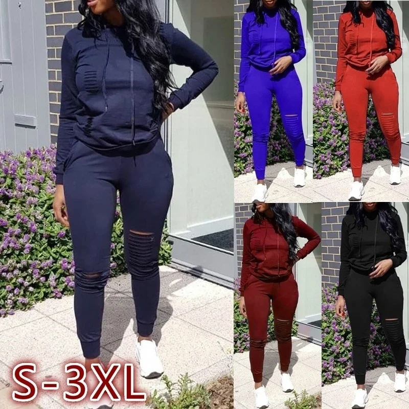

2019 Women's Fashion Cutout Sport Sets Casual Sport Suit Hoodies and Pants Sportwear Hollow Out Women Solid Color Tracksuit