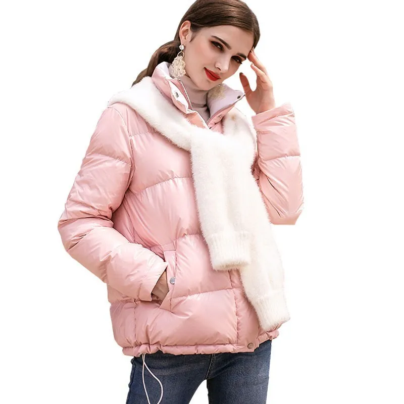 Winter Pink Down Jacket Women 2018 New Short Thin Personality Parkas White Fluff Fluffy Hooded Scarf Fashion Female Coat HJ76