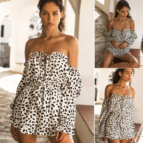 Новые женские с открытыми плечами длинным рукавом Leopard вечерние комбинезон топы |