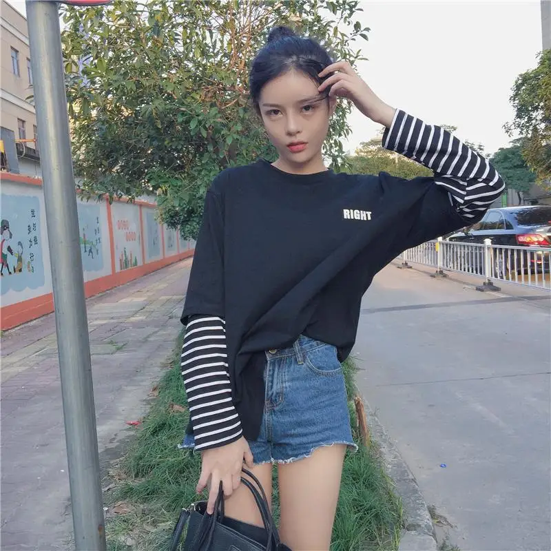 2019 Femme Осенняя женская одежда корейский стиль Harajuku принт полосатый пэчворк с