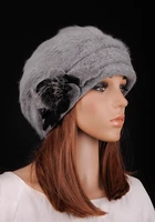 m631 fashion womens winter warm gray faux rabbit fur wool flower with pompom fur cute beret hat beanie cap