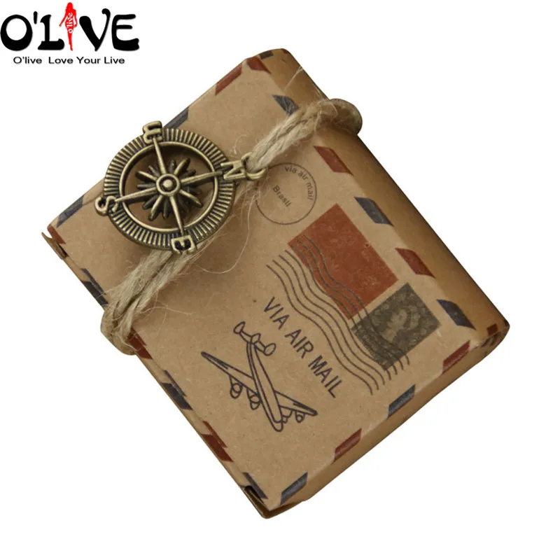 

50Pcs Post Office Air Mail Kraft Paper Box Gift Packaging Candy Box Globe Compass Cardboard Boxes Bonbonniere Wedding SuppliesD3
