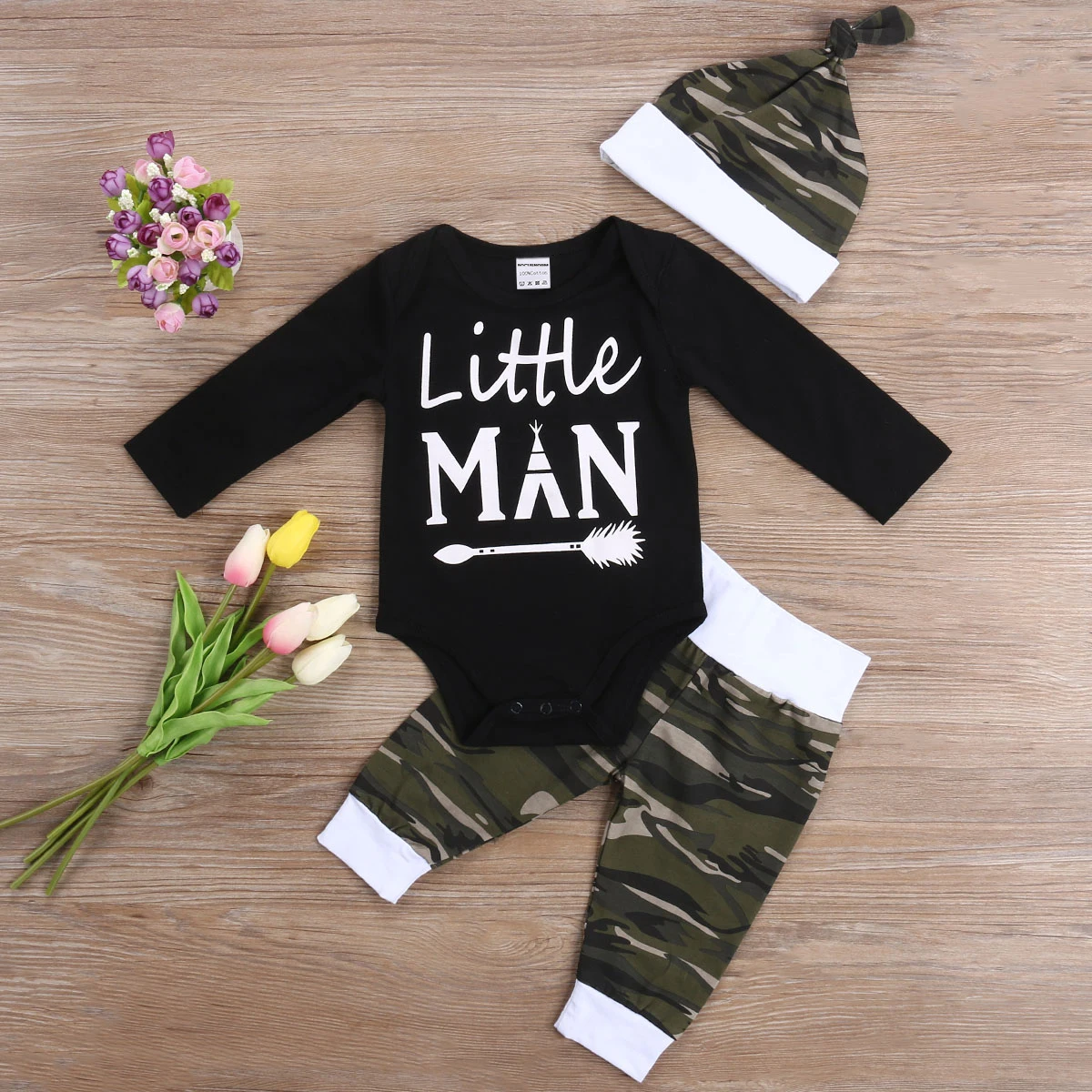3 pieces Little Man Print Long sleeve Bodysuit Camouflage Pants with Hat Set For Baby Boy Clothes |