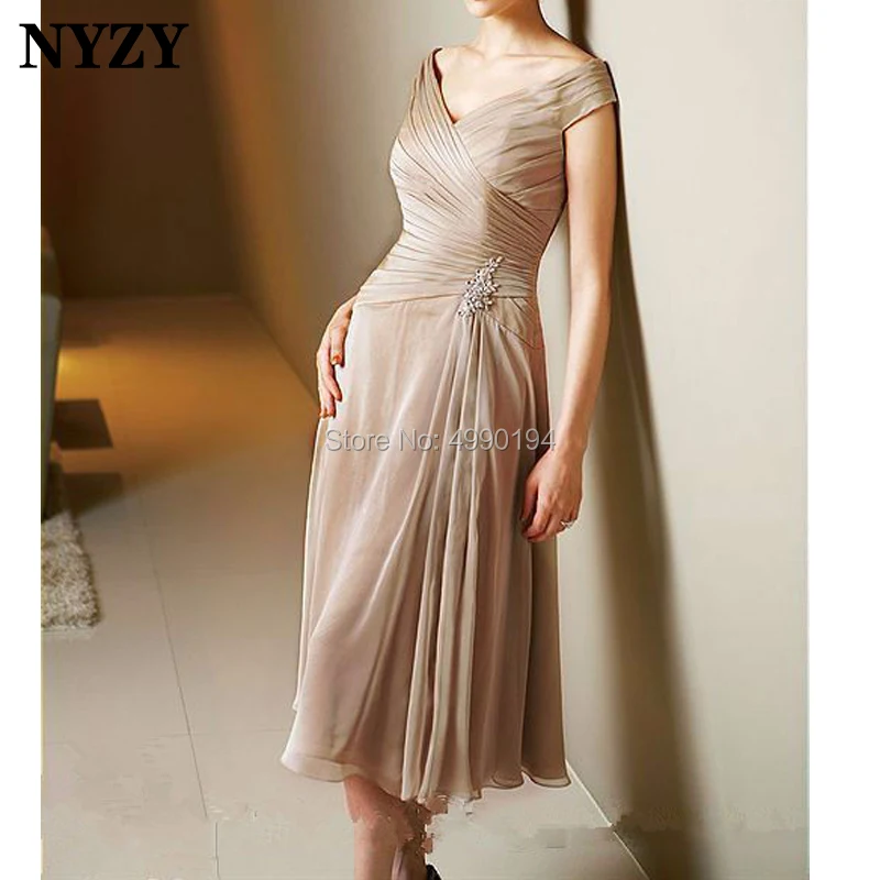 

NYZY M135 Summer Chiffon Dress Party Wedding Guest Wear Tea Length Simple Champagne Mother of the Bride Groom Dresses Cheap