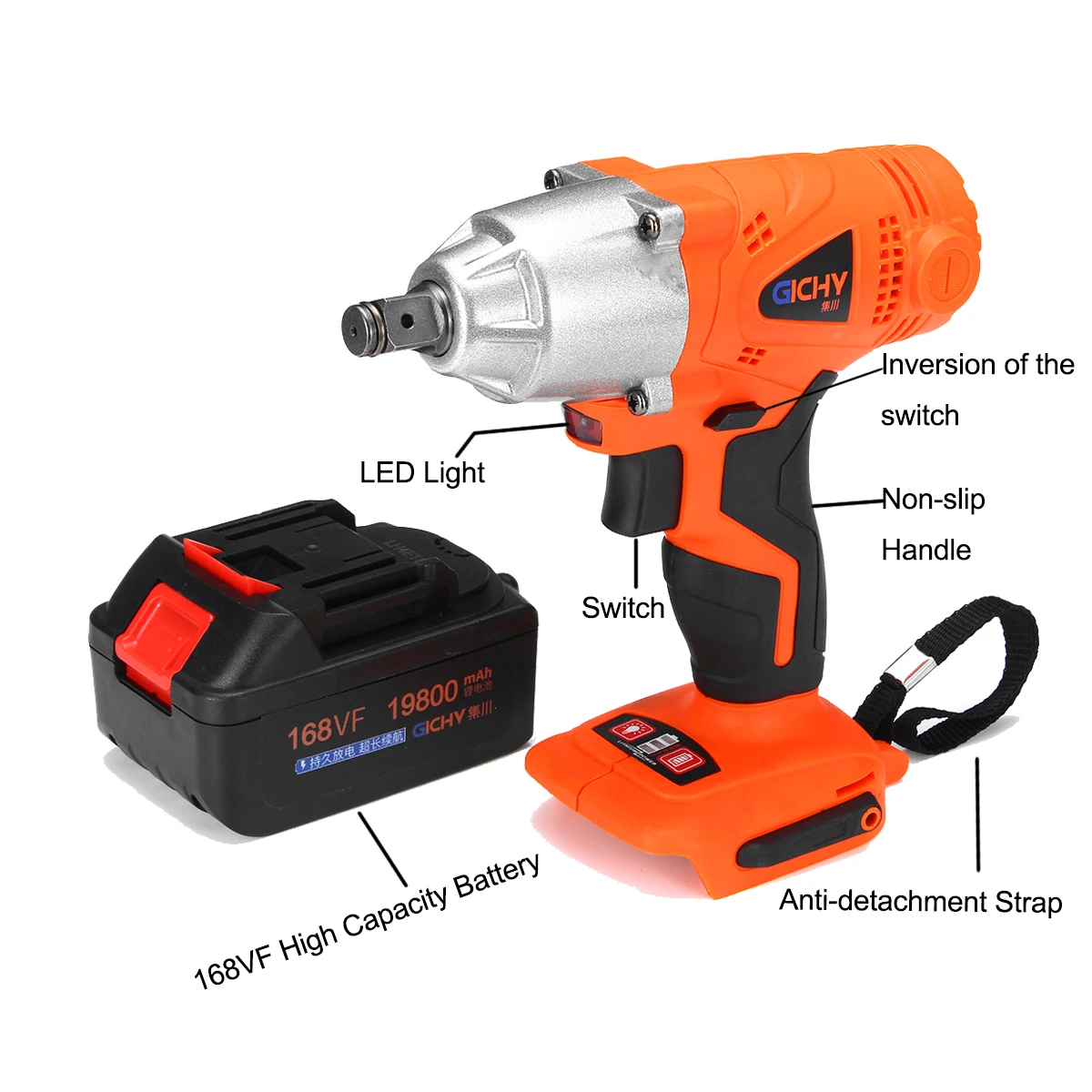 

168VF 19800mah Battery Rechargeable Electric Impact Wrench Socket W/LED Light Drill Installation Power Tools