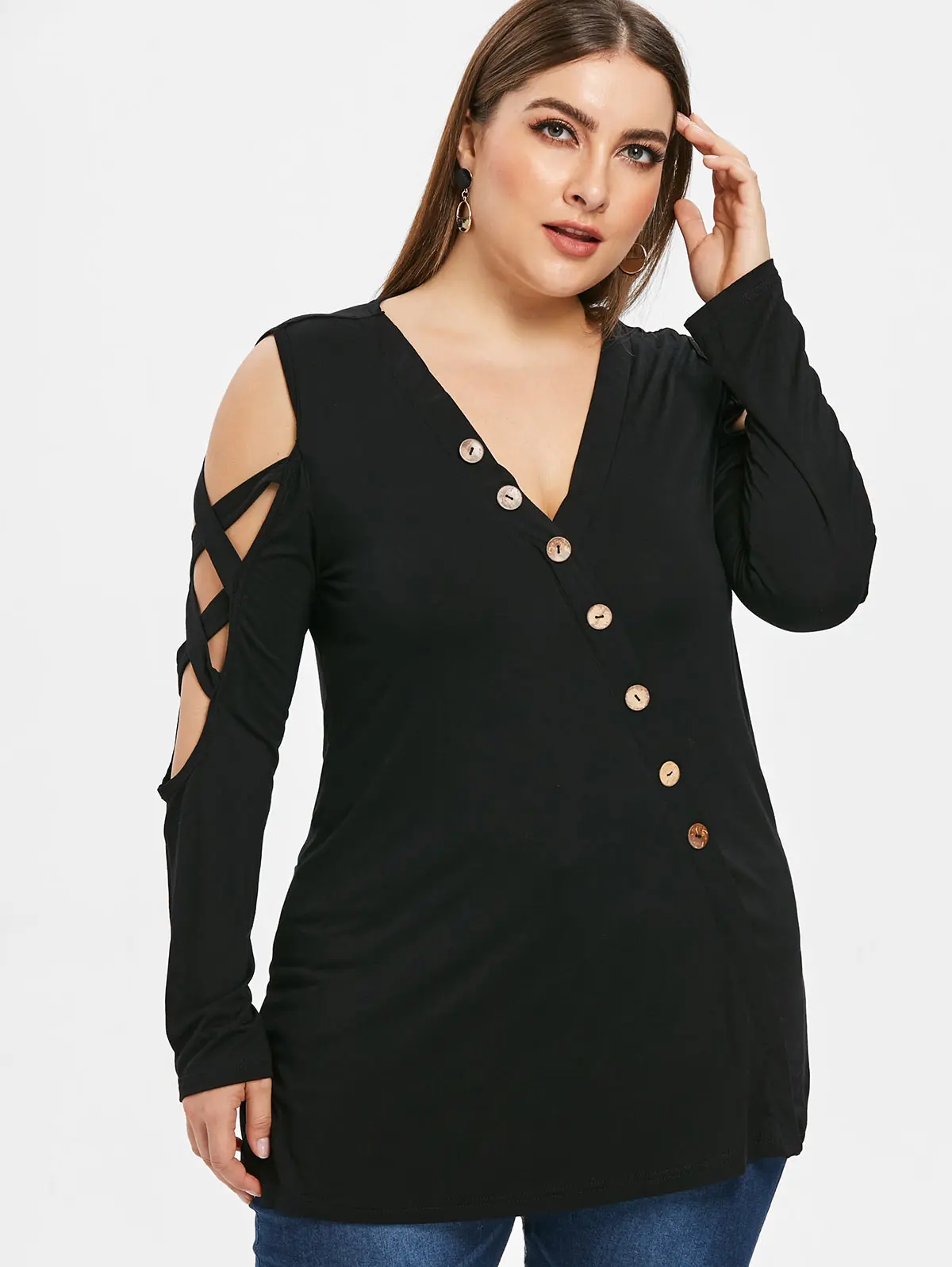 Wipalo Women Plus Size Open Shoulder Buttons Criss Cross T-Shirt Plunging Neck Long Sleeves Casual Solid Tee Ladies Tops 5XL | Женская