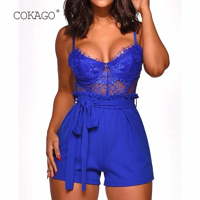 COKAGO Elegant Lace Jumpsuit Women Summer 2019 Sleeveless V Neck Female Jumpsuits Short Sexy Playsuit Push Up Plus Size Rompers | Женская