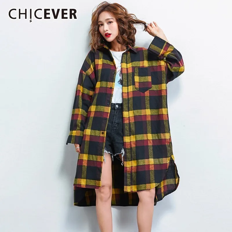CHICEVER рубашки в клетку Женские топы и блузки с лацканами длинным рукавом