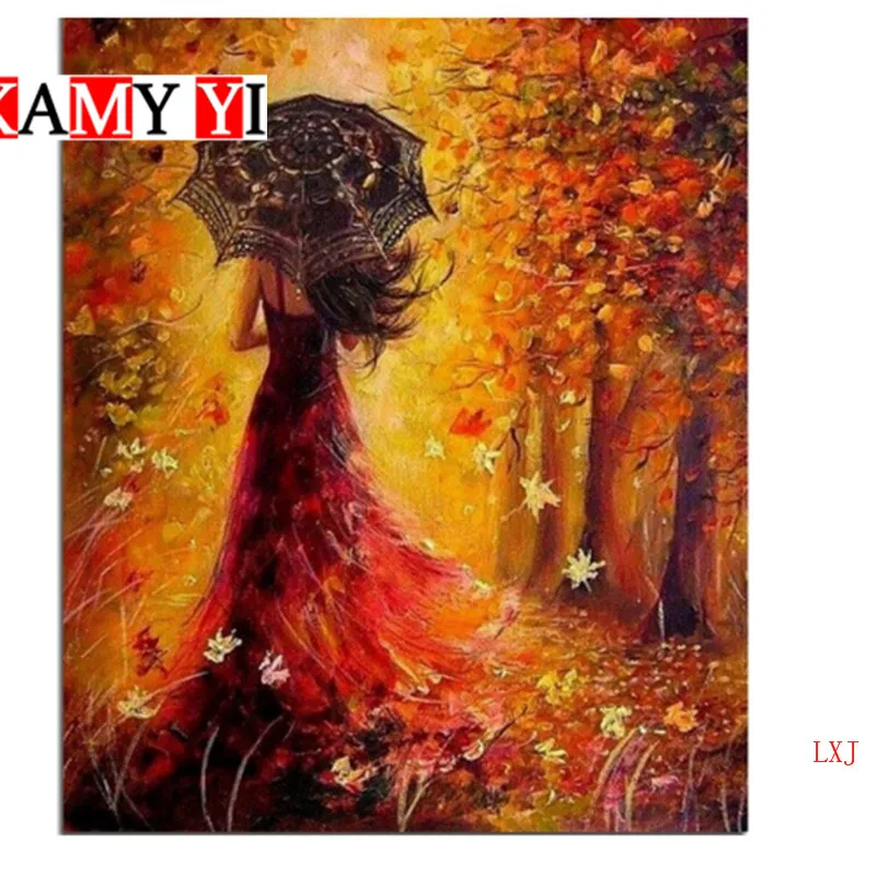 5D DIY Алмазная вышивка красная девочка под красными кленовыми листьями Вышивка