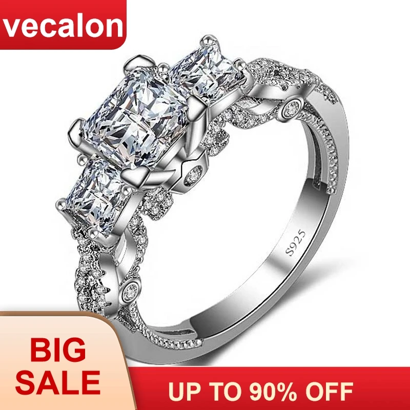 

Vecalon Romantic Vintage Female ring Three-stone AAAAA Zircon cz 925 Sterling Silver Engagement wedding Band ring for women