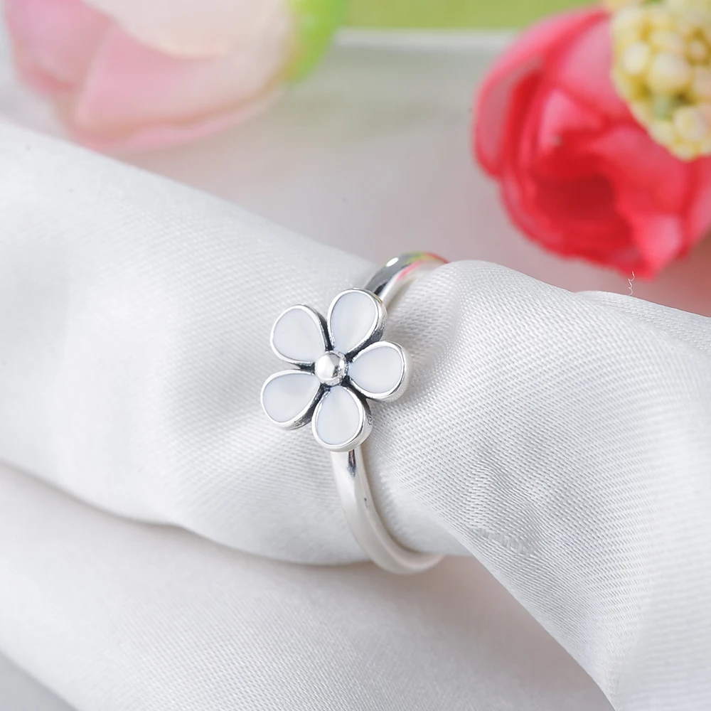 Devolove New 925 Sterling Silver Flower White Enamel Authentic Jewelry Finger Ring For Women Party Gift PSRI0026-B Dropshipping | Украшения