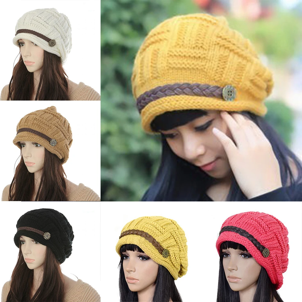 New Women Beanies Girl's Fashion Braided Winter Warm Wool Baggy Beanie Knitted Crocheted Ski Hat Outdoor Skullies |