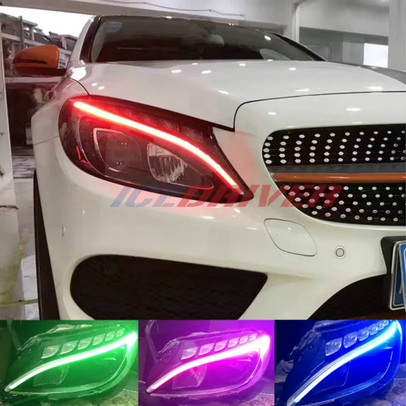 Дневные ходовые огни Icedriver для Mercedes Benz C класса DRL RGB, многоцветсветодиодный светодиодные панели w205 s205 a205 AMG c63 2014-2019 RGBW