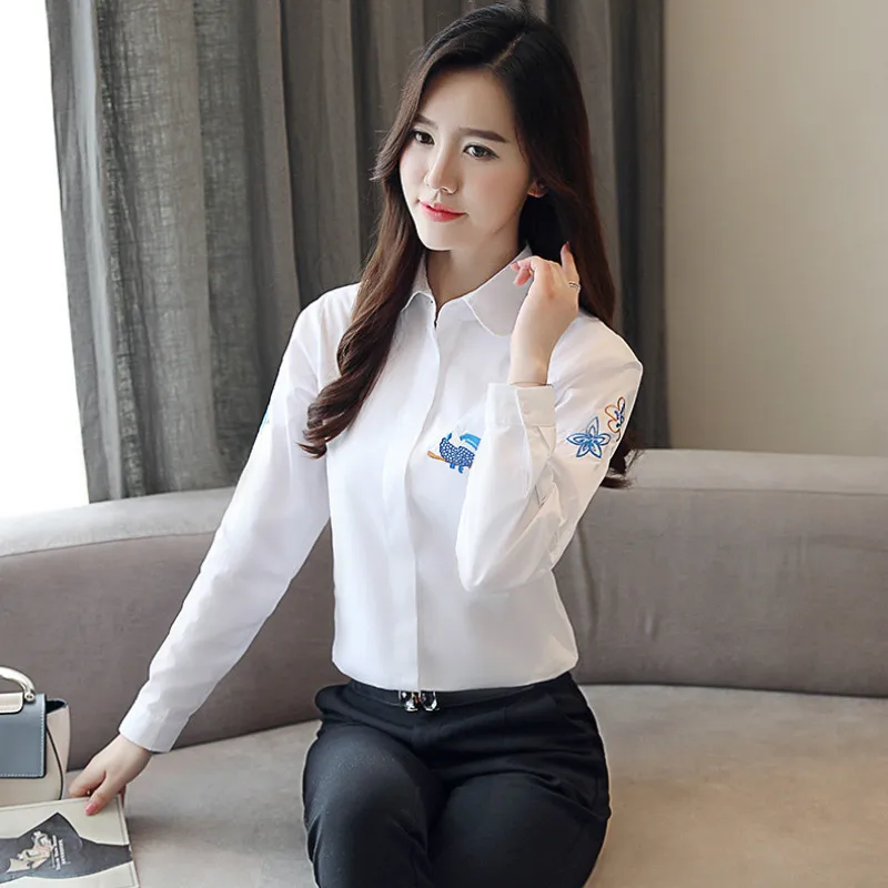 

Women long sleeve blouse embroidery withe womens tops and blouse office lady clothes cotton fashion 2019 feminine blusa 1782 50