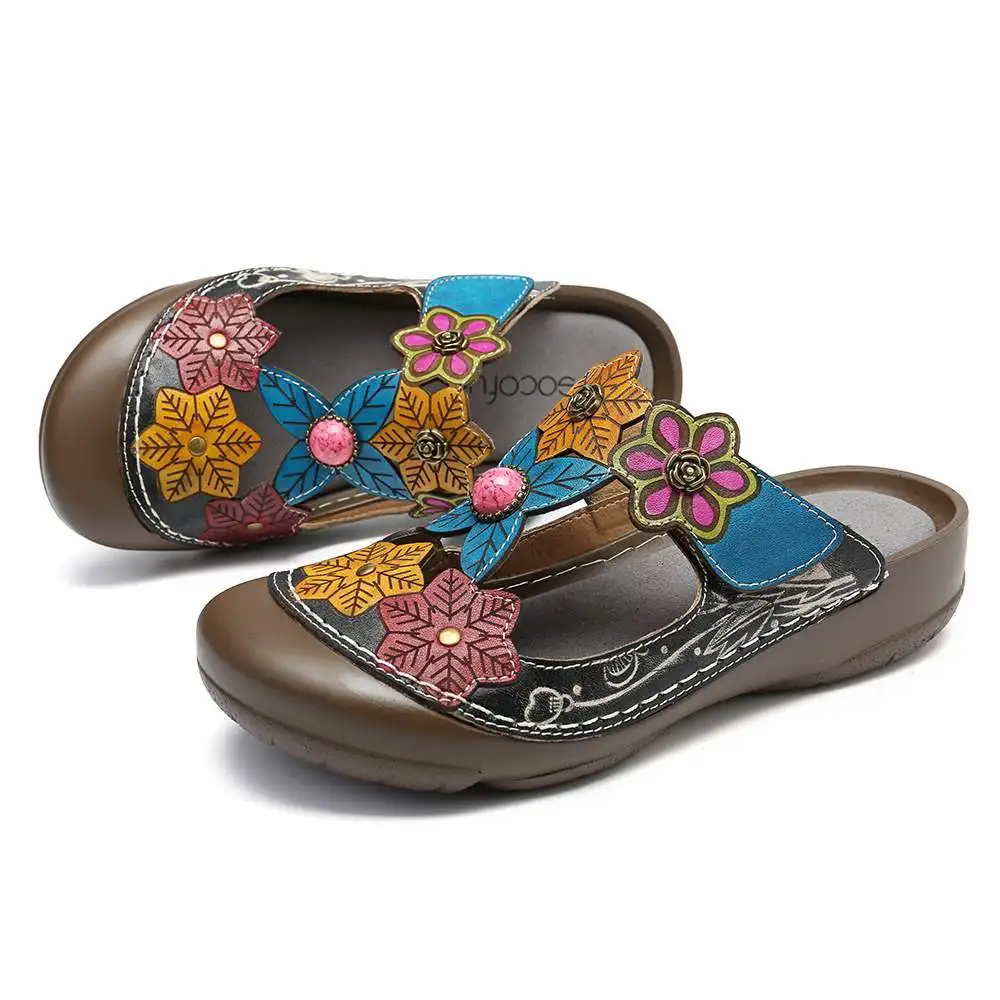SOCOFY/мягкие сандалии из натуральной кожи в винтажном стиле с цветочным узором на