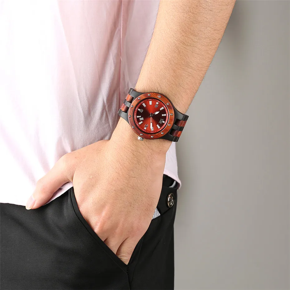 Красный цвет полностью деревянные часы мужские повседневные Авто Дата наручные