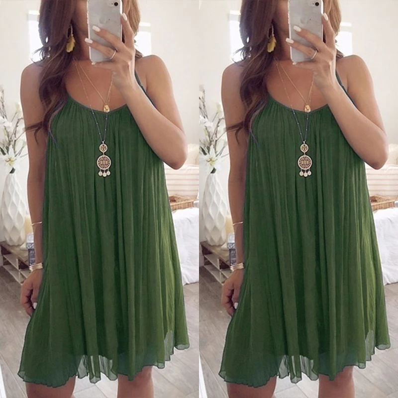 Женское плиссированное платье на бретельках повседневное однотонное пляжное в