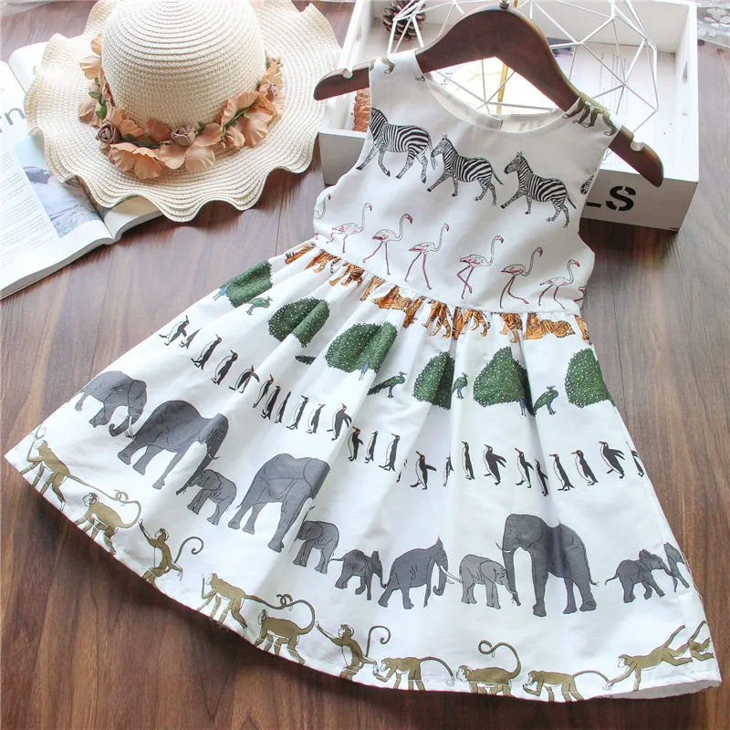 Toddler Girl Summer Dress Cotton Kids Casual Wholesale Lots Bulk Clothes Little Safari Cartoon Animal Print Party | Детская одежда и