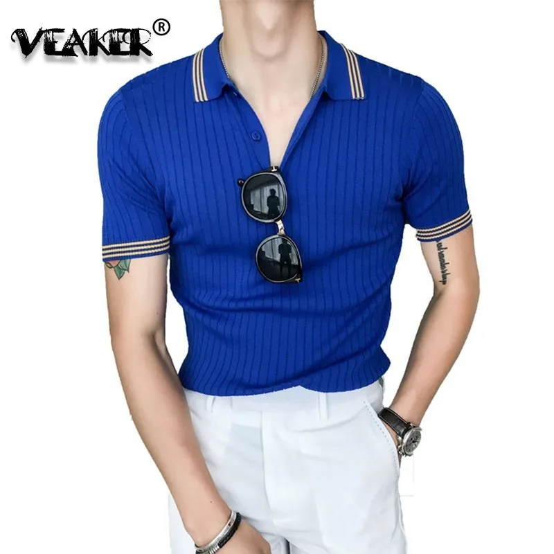 

Летние мужские трикотажные рубашки с коротким рукавом, приталенные рубашки в британском стиле с отложным воротником в полоску, деловые СИНИЕ ВЯЗАНЫЕ футболки