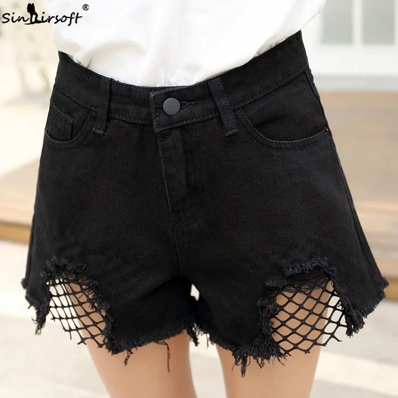 Рваные кружевные джинсовые шорты для женщин летние с высокой талией
