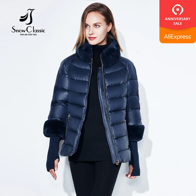 2018 Женское пальто Теплый зимний куртка Реальный кролик меховой воротник / рукав