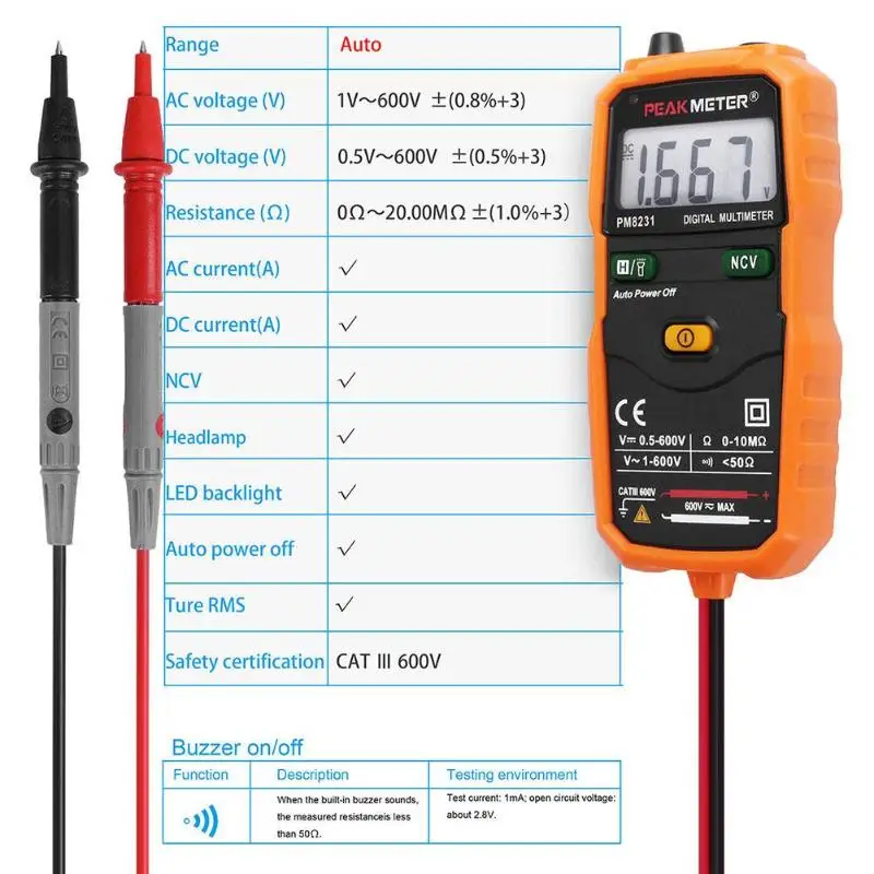 Peakmeter PM8231 Авто Диапазон Цифровой мультиметр удержания данных AC/DC напряжение