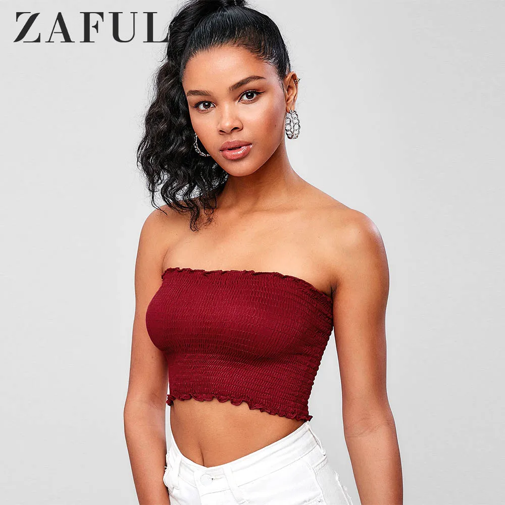 Женский укороченный топ-бандо ZAFUL однотонный топ с оборками летний на бретелях 2019