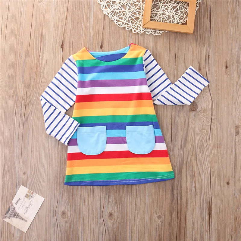 Toddler Baby Kids Girls Dress Stripe Long Sleeve Striped Round Neck Colorful Rainbow Top Party Dresses Girl Clothes | Детская одежда и