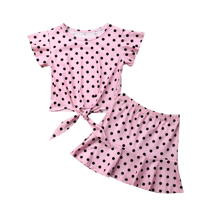 2019 г. летняя одежда для маленьких девочек футболка в горошек с рюшами и юбка