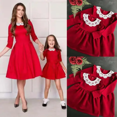 Christmas Mother and Daughter Party Red Dress Lace Family Matching Dresses Outfit Cotton | Мать и ребенок