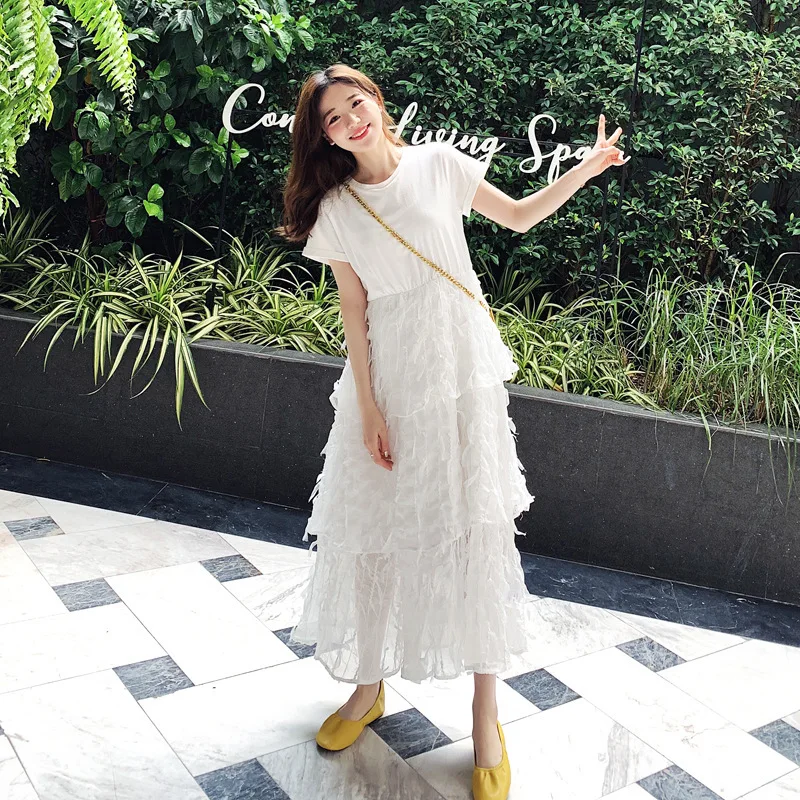 LANMREM 2020 New Fashion Short Sleeve Patchwork Lace Hemline High Waist White Dress For Women Female's Clothing Vestido YG80600 | Женская