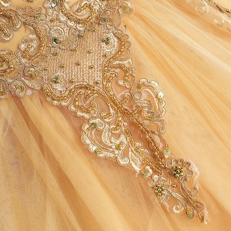 Роскошное Золотое бальное платье принцессы Quinceanera милые платья с открытыми