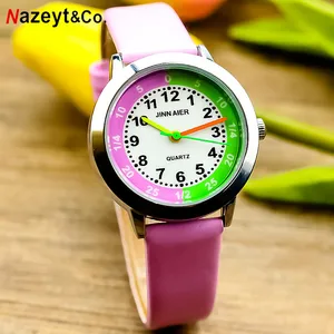 Детские Кварцевые часы с розовым и зеленым циферблатом, простые дизайнерские кожаные часы, подарочные часы, 2019