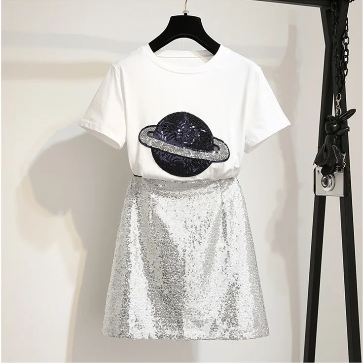 2019 Летняя женская юбка с блестками комплект рисунком планеты хлопковые футболки