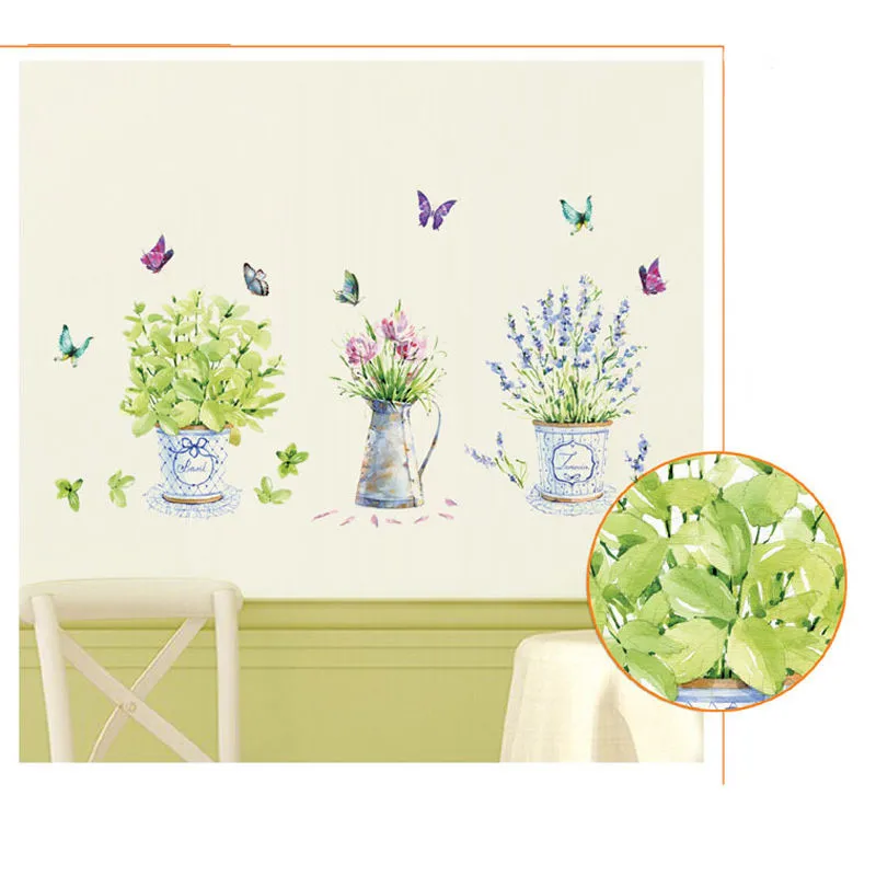 Pastoral Style Butterfly Vase Flower Wall Stickers Removable Waterproof Pot Lavender Green Plants Home Nursery Decals Tile Stick | Дом и сад