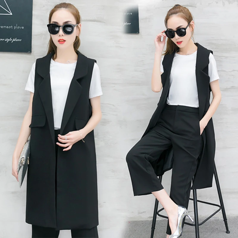 

Women's spring new Korean fashion vest wide-legged pants two-piece suit leisure long vest coat blazer top outfit vestido casual