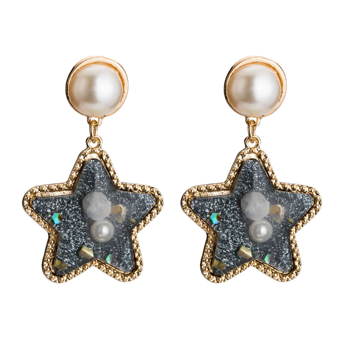 Большие висячие серьги с камнями в виде звезды из смолы и искусственного жемчуга