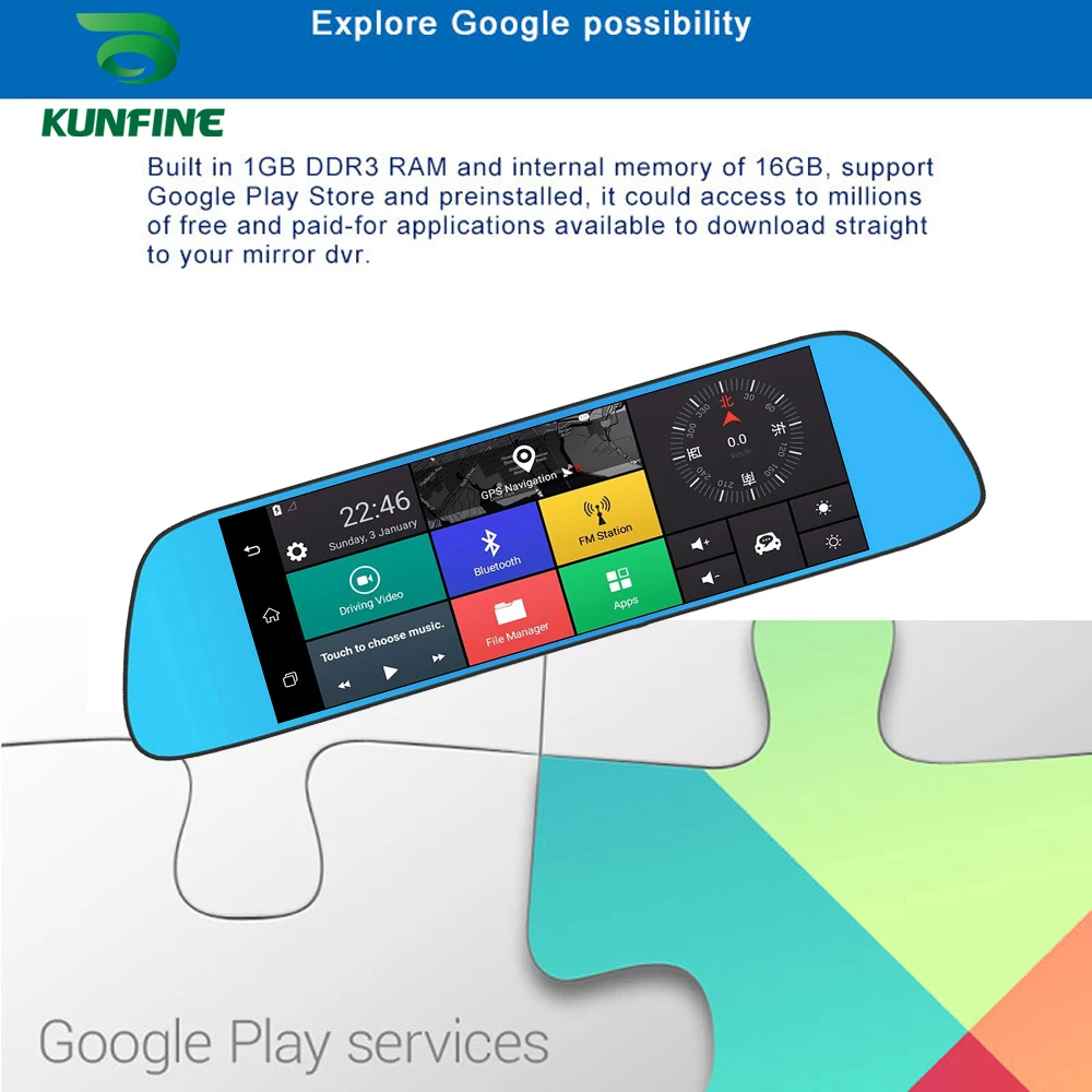 KUNFINE 10 &quotAndroid GPS Navi видеорегистратор Автомобильный зеркальный две камеры Запись